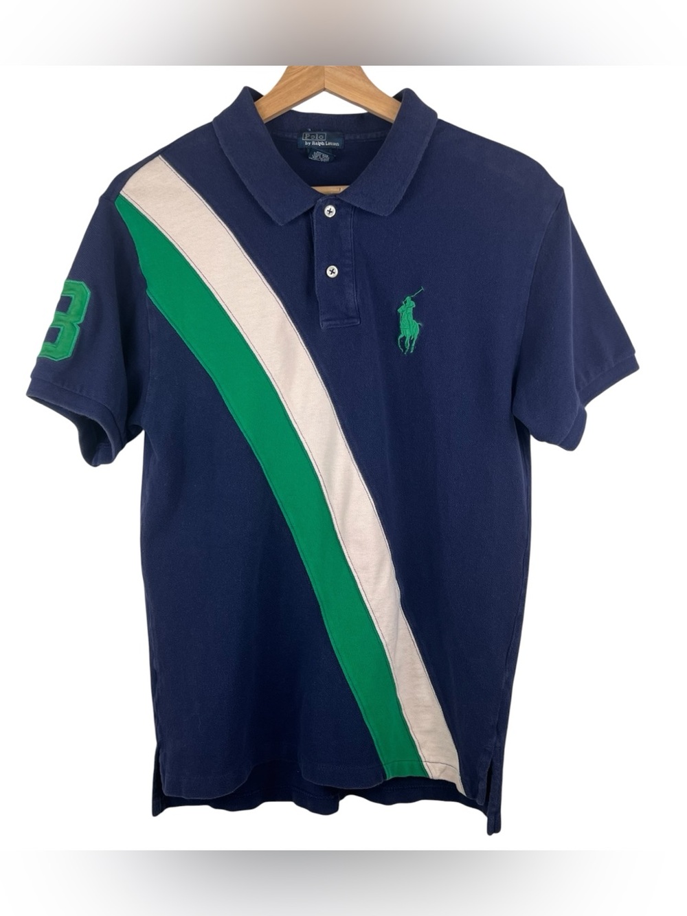 Polo Ralph Lauren Big Pony Mesh Boy's XL 18-20 Shirt Blue Green White Diagonal